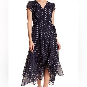 Polka dot midi wrap dress navy blue and white size 2X party date wedding summer